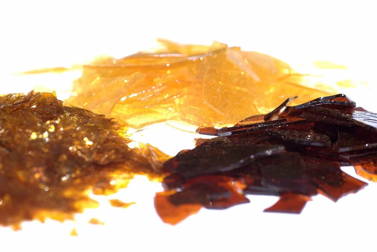 Shellac flakes in three shades on a white surface