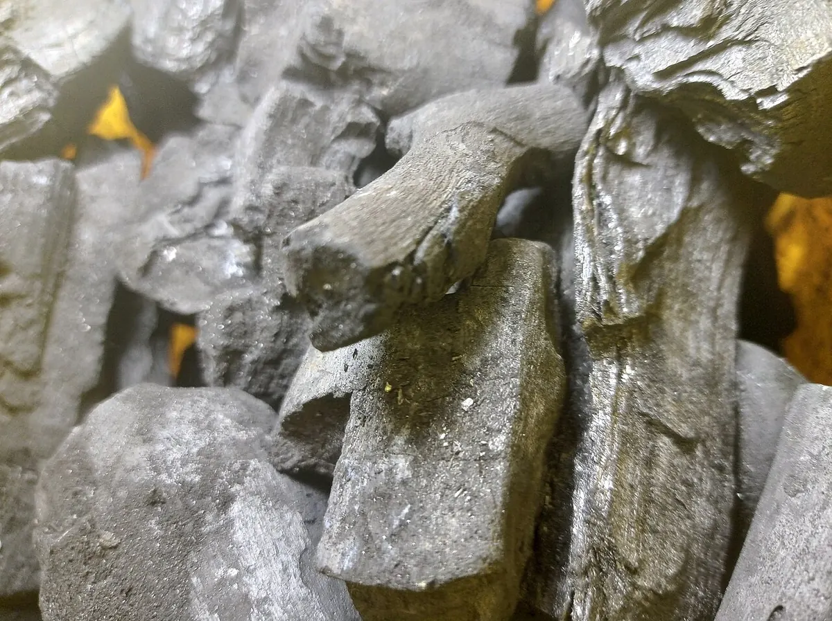 Close view of black lump wood charcoal