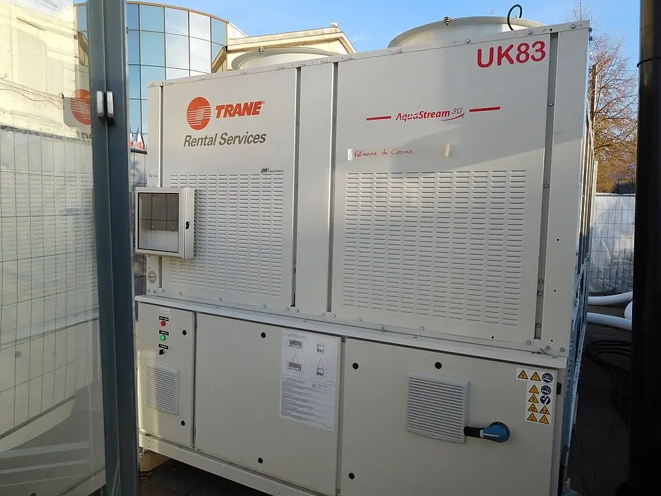 Packaged chiller unit beside a building