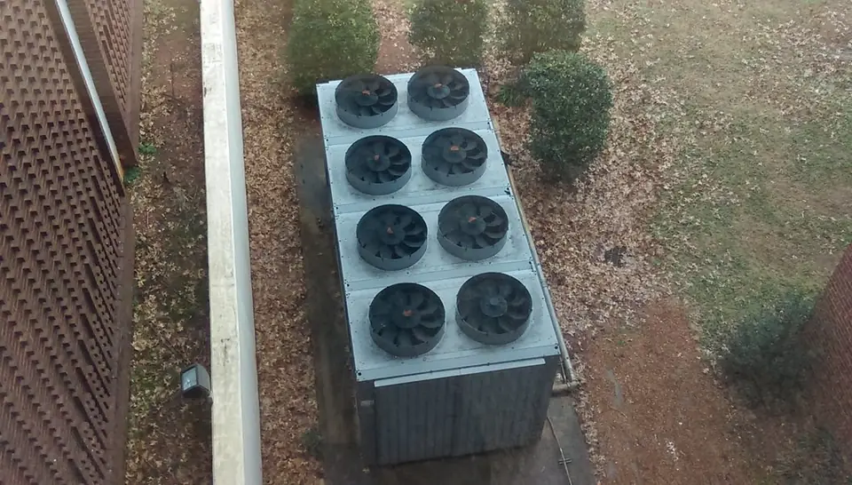 Air cooled chiller seen from above, condenser fans on top