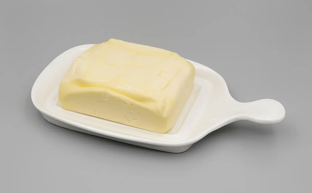 Block of butter in a white butter dish