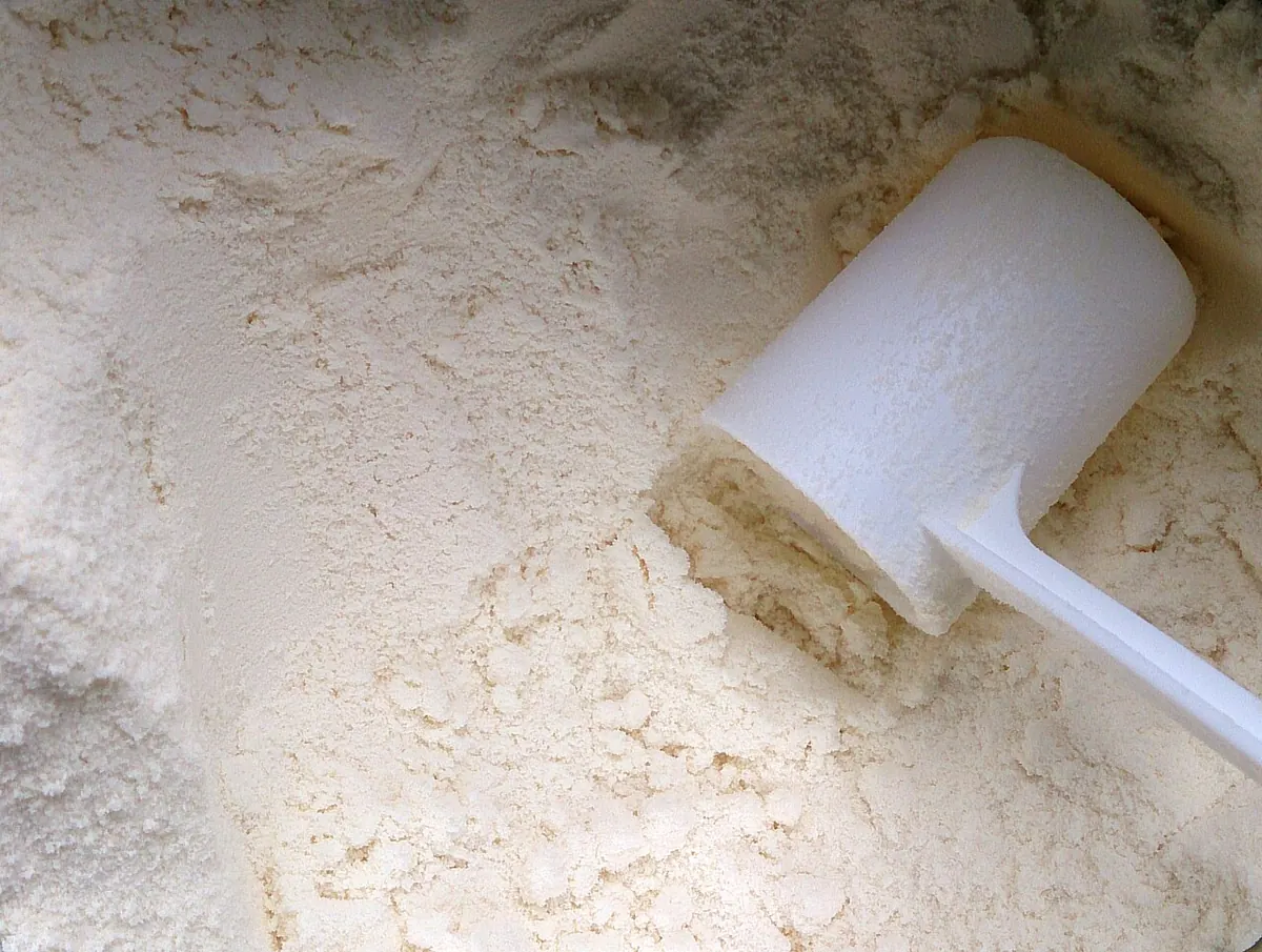 Milk powder with a white measuring scoop