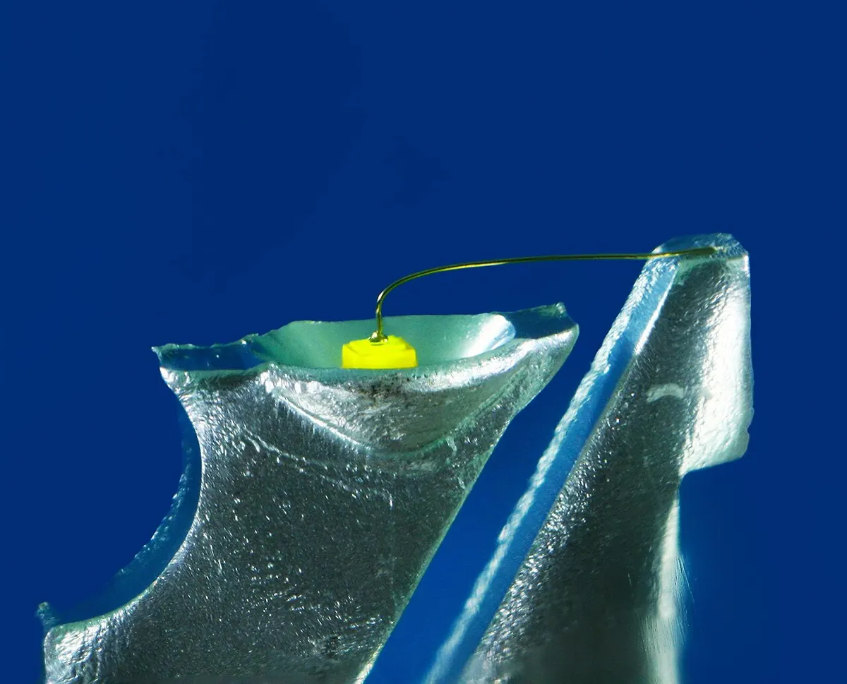 Close view inside a small green LED on a blue background