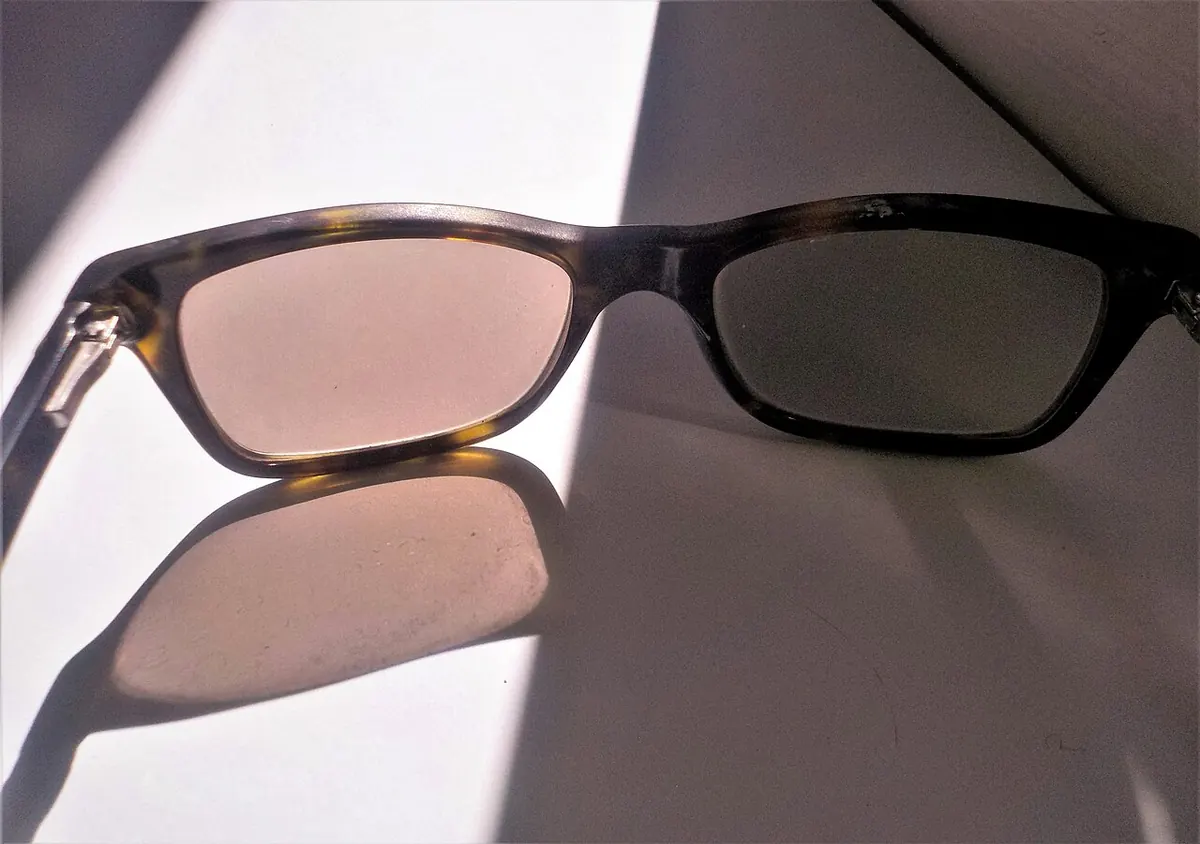 Tortoiseshell acetate glasses with photochromic lenses in sunlight