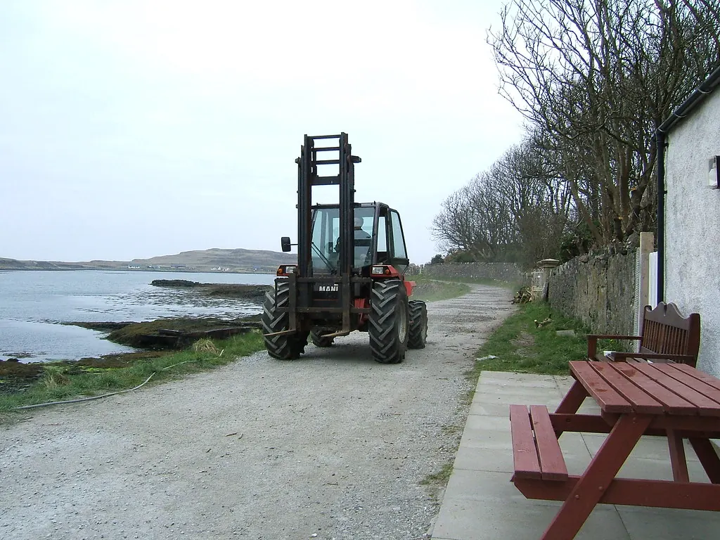 Rough terrain forklift parked on a coastal path