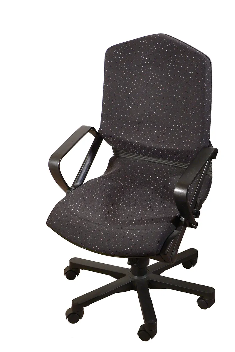 Black fabric office swivel chair with armrests
