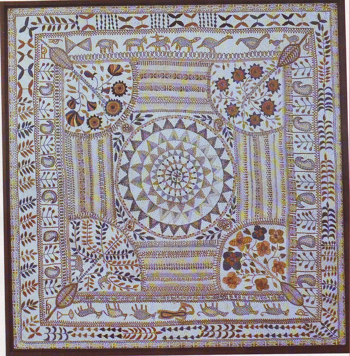 Traditional nakshi kantha with a central medallion, birds and animals
