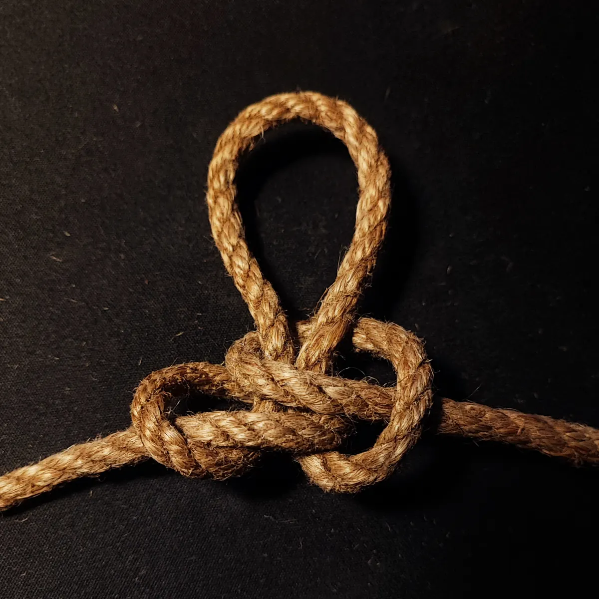 Jute rope tied in a loop knot on black