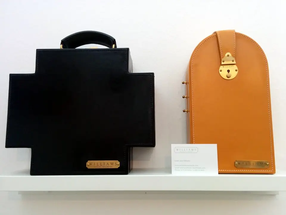 Geometric leather handbags by Sarah Jane Wilson, Bovey Tracey Craft Fair, Bovey Tracey, De