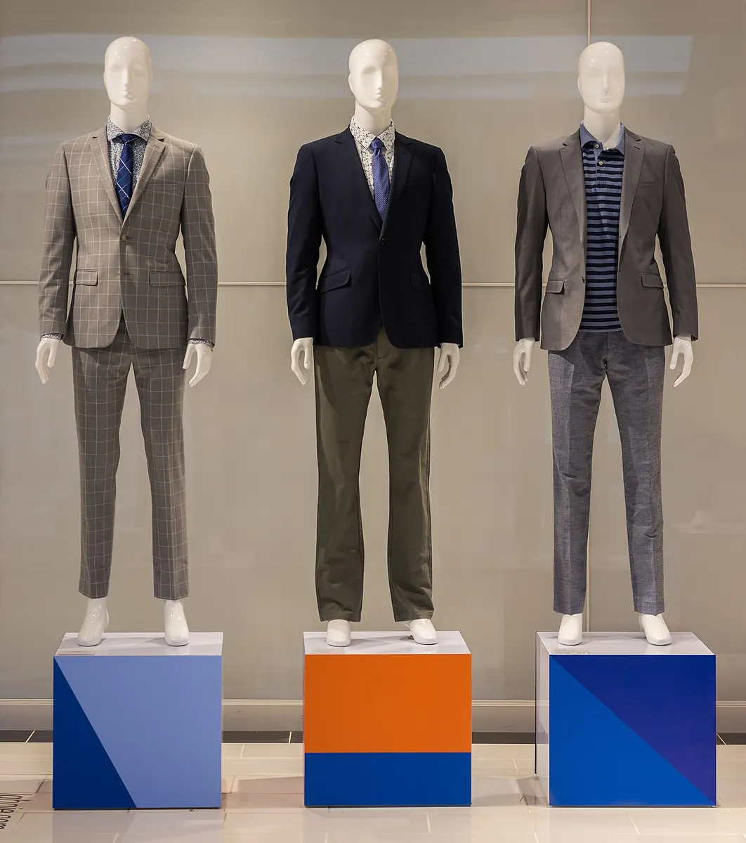 Three male mannequins in suits standing on coloured blocks