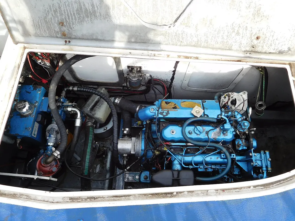 Marine diesel engine installed in a boat engine bay