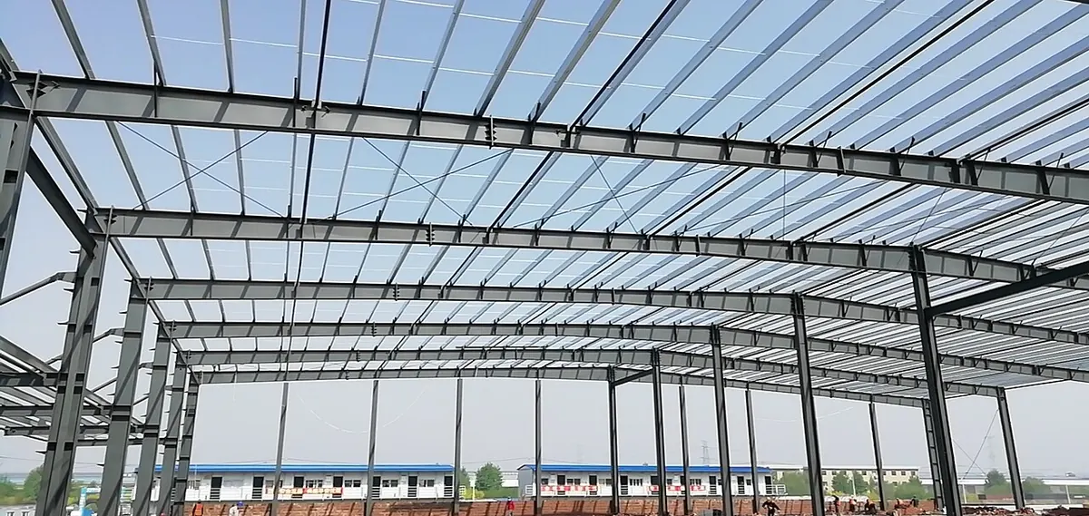 Steel portal frame of a factory shed under construction