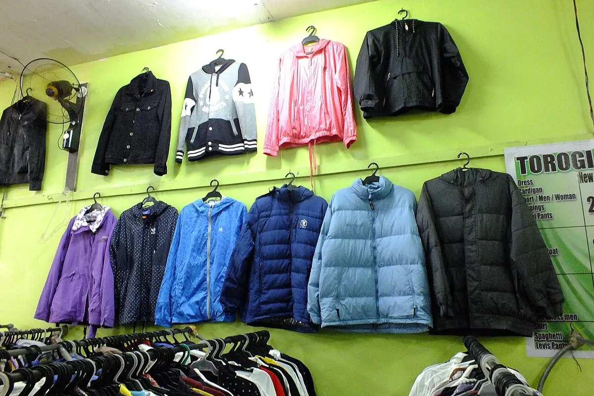 Padded down jackets hanging on a shop wall