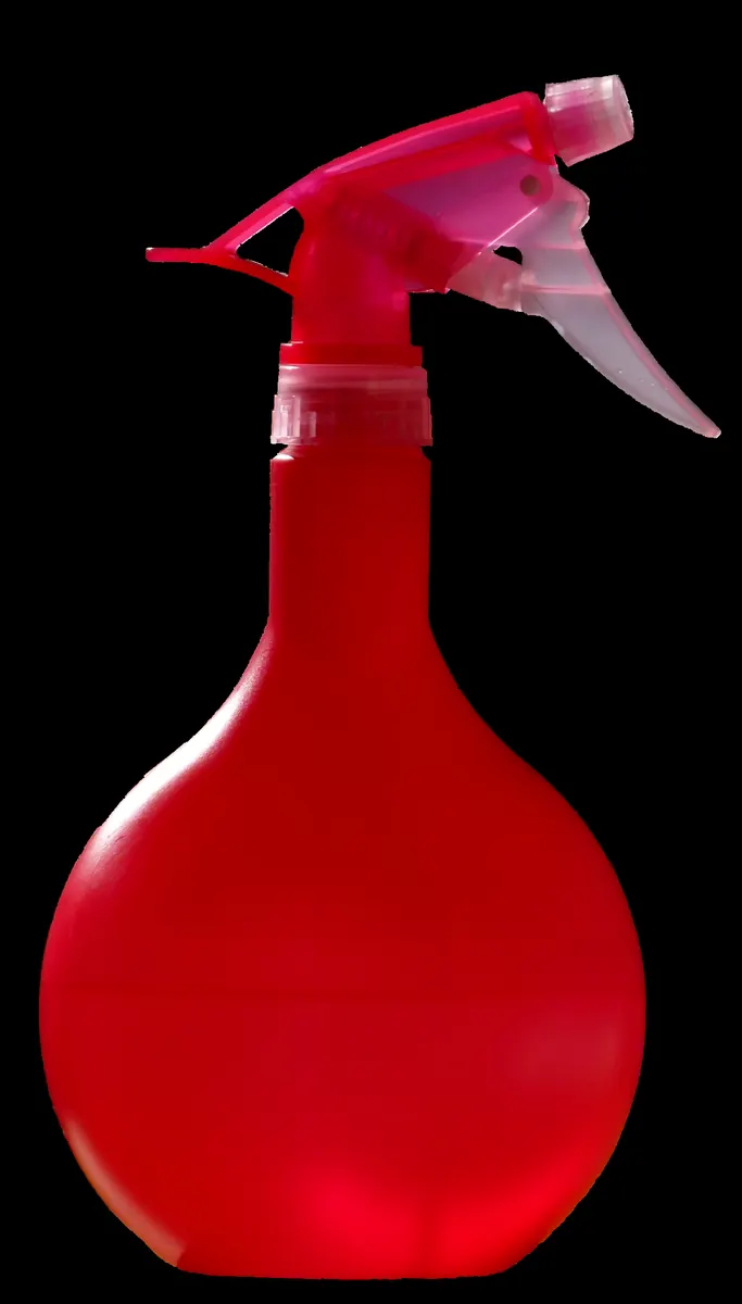 Red plastic spray bottle with a trigger closure