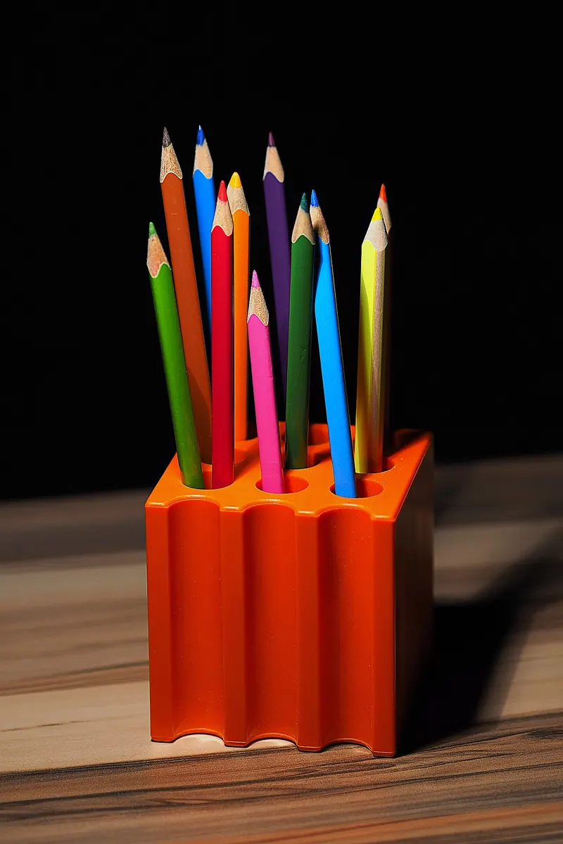 Coloured pencils standing in an orange desk holder