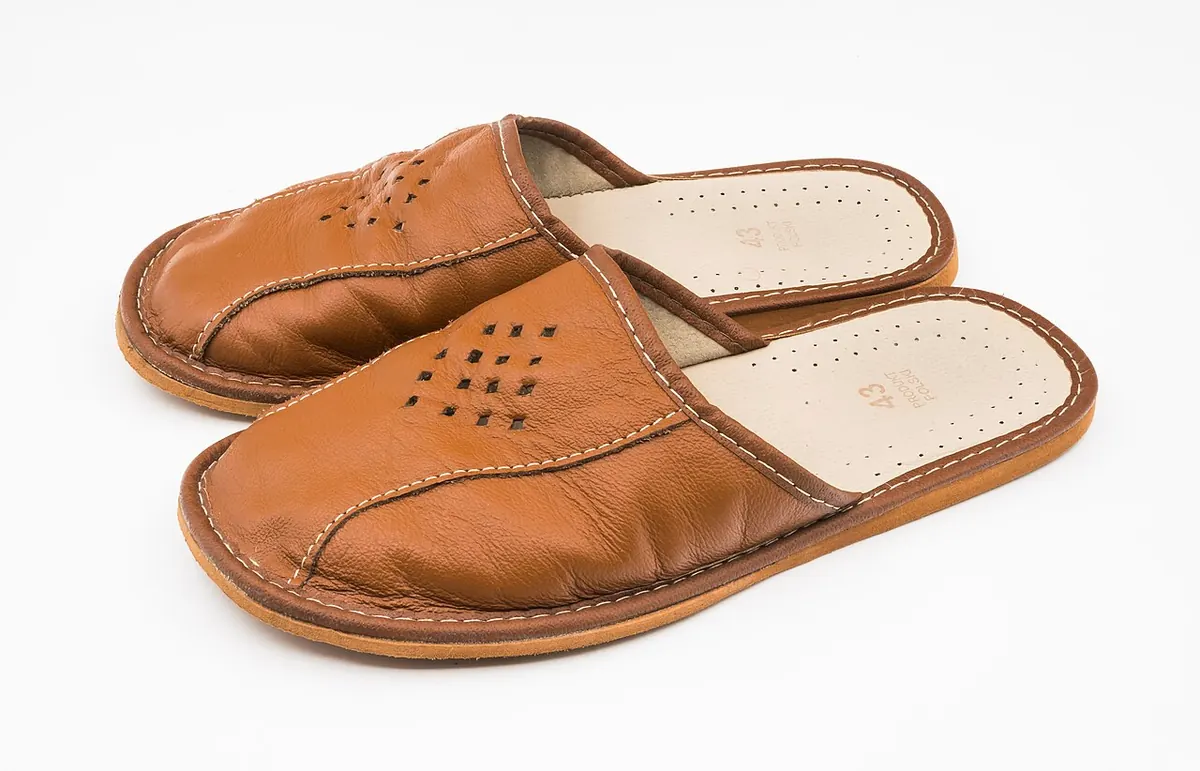 Pair of brown leather house slippers on a white background