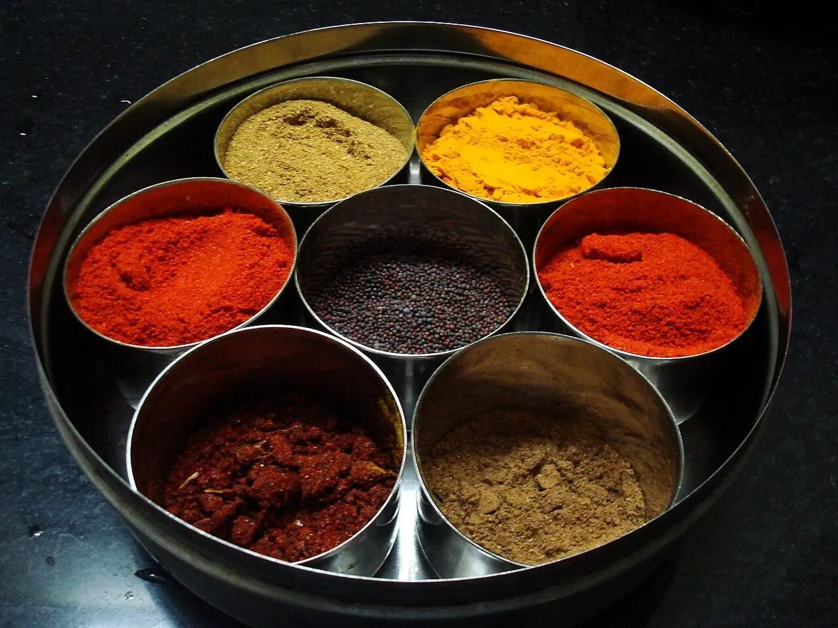 Steel spice box with turmeric, chilli and other ground spices