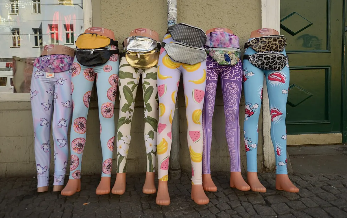 Printed leggings on mannequin legs outside a shop