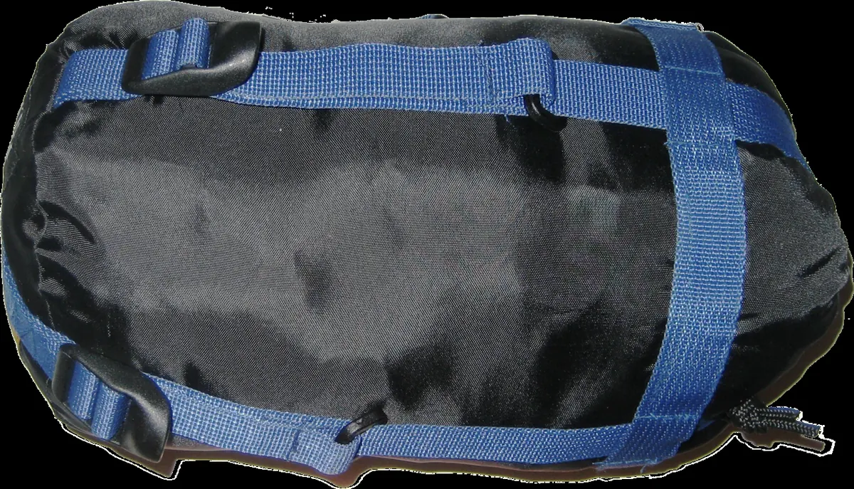 Packed sleeping bag in a black stuff sack with blue straps