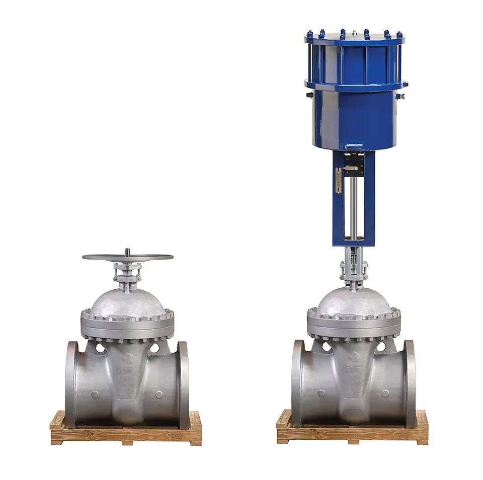 Gate Valve with Handwheel (L) and with Linear Pneumatic Actuator (R)