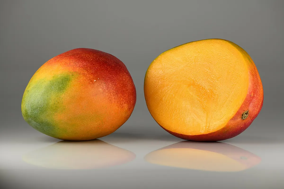 Whole and halved ripe mangoes on a grey surface