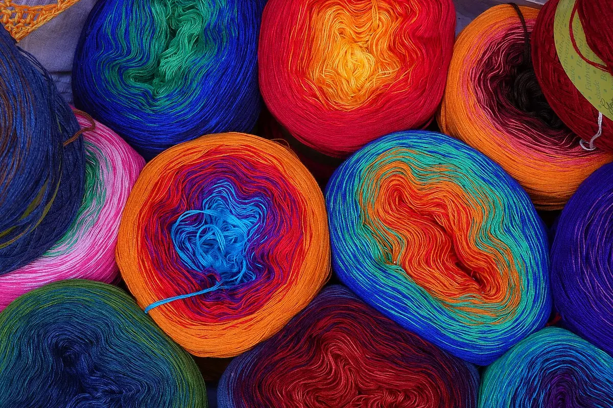 Rainbow coloured yarn cakes in a shop display